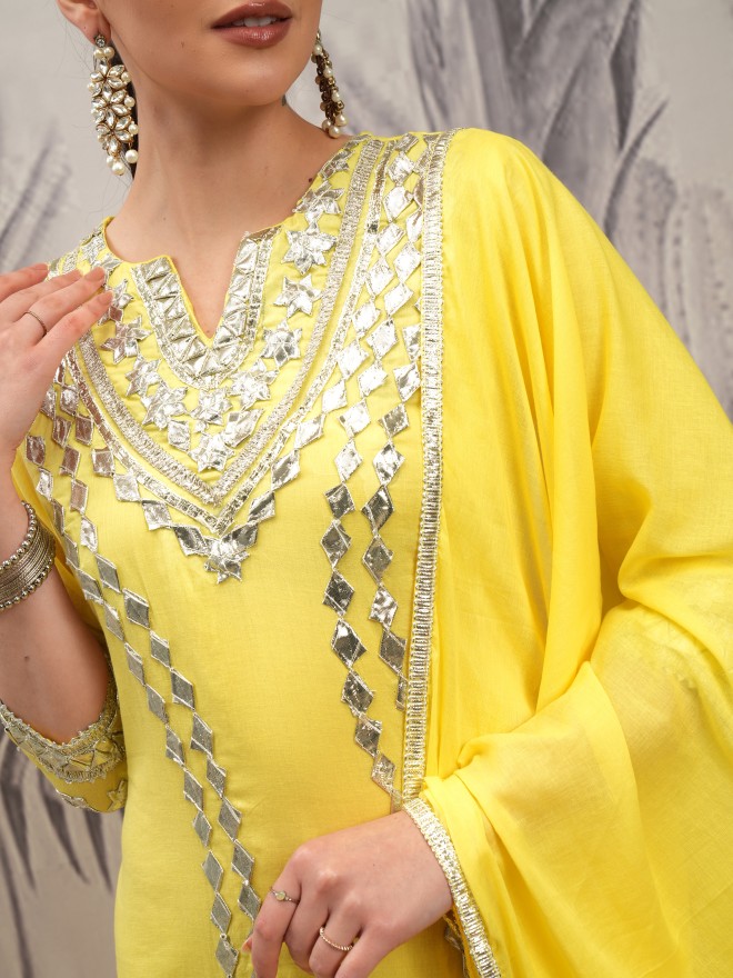 Vishudh Women Yellow Embroidered Kurta With Trousers And Dupatta