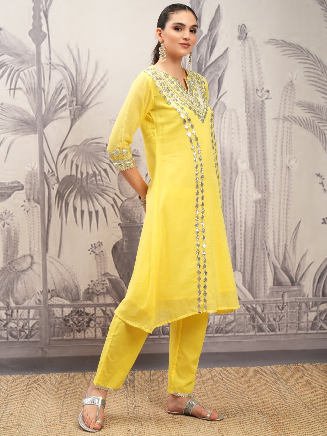 Vishudh Women Yellow Embroidered Kurta With Trousers And Dupatta