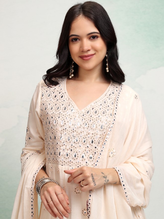 Vishudh Women Cream Embroidered Kurta With Trousers And Dupatta