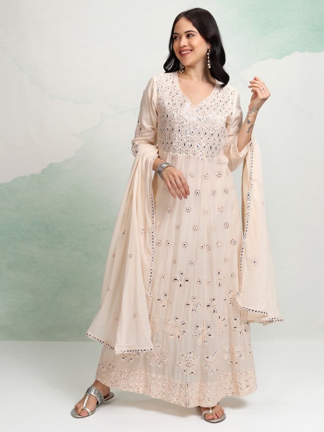 Vishudh Women Cream Embroidered Kurta With Trousers And Dupatta