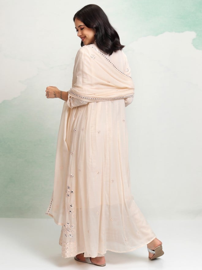 Vishudh Women Cream Embroidered Kurta With Trousers And Dupatta