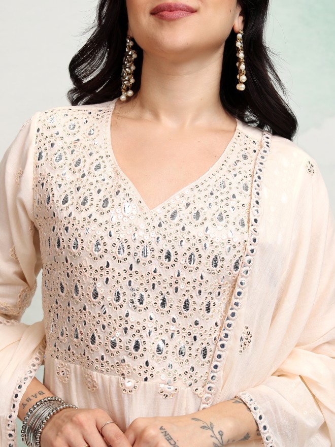 Vishudh Women Cream Embroidered Kurta With Trousers And Dupatta