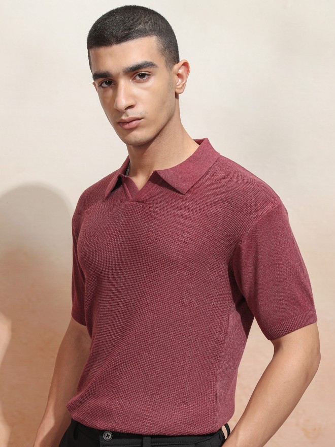 Buy Highlander Maroon Self Design Polo Collar T Shirt For Men Online At