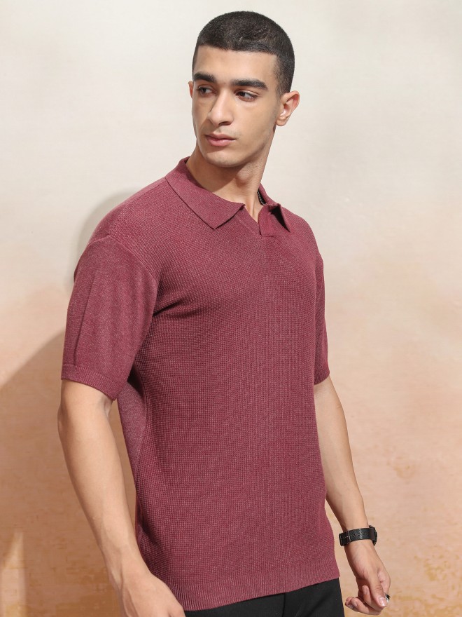 Buy Highlander Maroon Self Design Polo Collar T Shirt For Men Online At