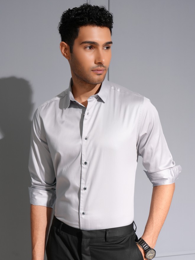 Locomotive Men Premium Grey Satin Solid Occasion Shirt