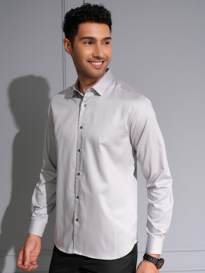 Locomotive Men Premium Grey Satin Solid Occasion Shirt