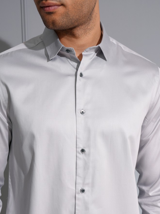 Locomotive Men Premium Grey Satin Solid Occasion Shirt