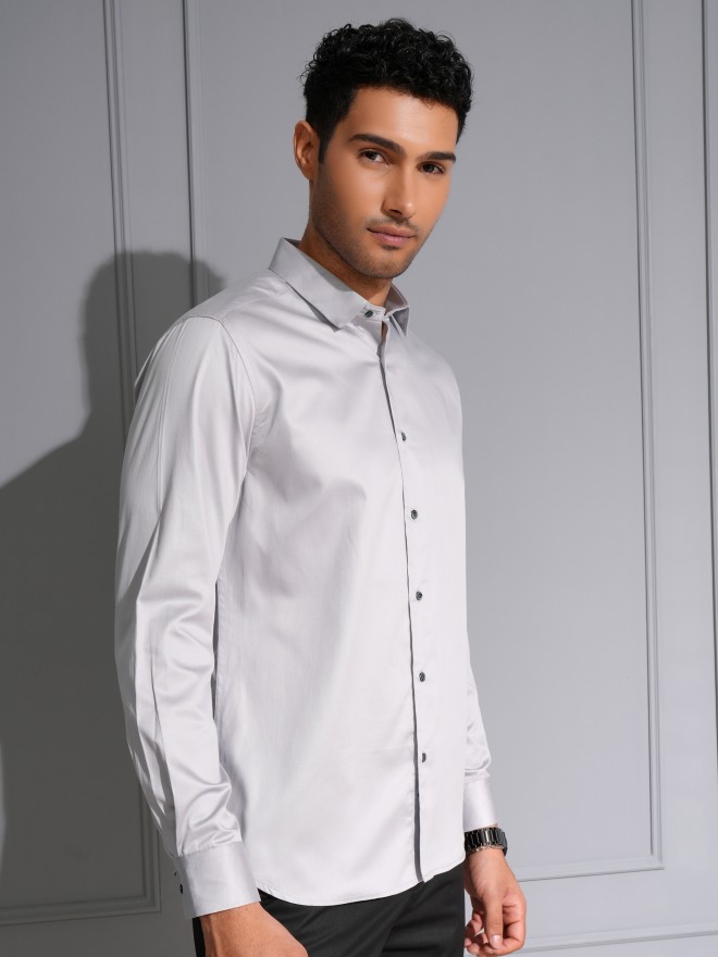 Locomotive Men Premium Grey Satin Solid Occasion Shirt