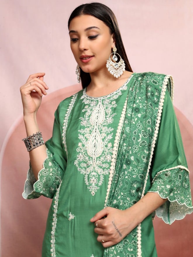 Vishudh Women Green Embroidered Kurta With Trousers And Dupatta