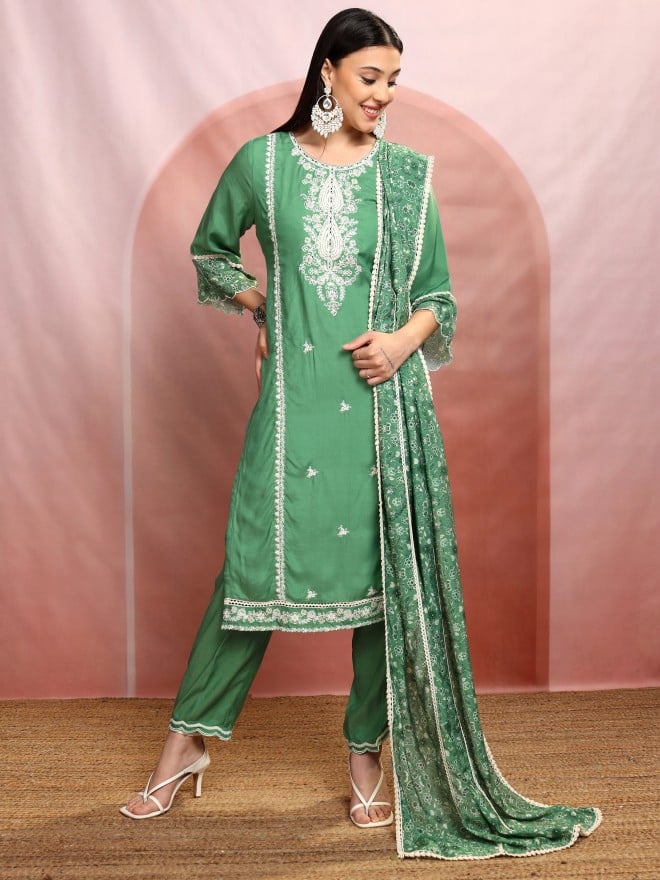 Vishudh Women Green Embroidered Kurta With Trousers And Dupatta