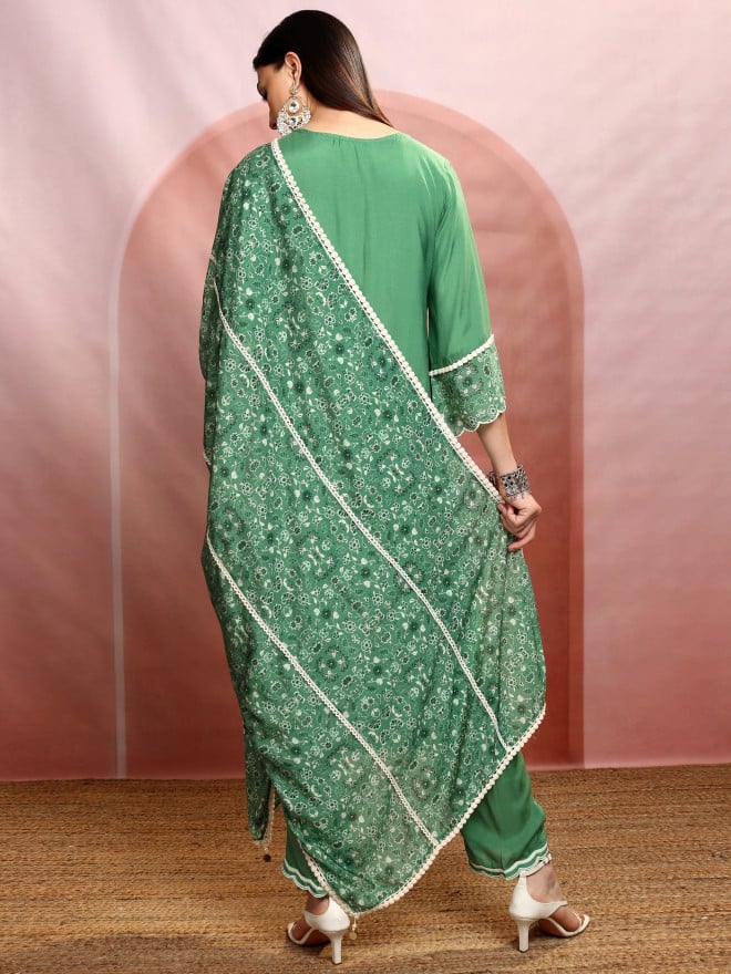 Vishudh Women Green Embroidered Kurta With Trousers And Dupatta