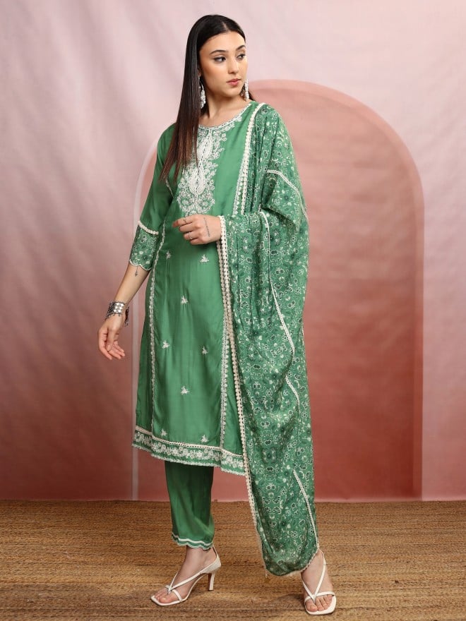 Vishudh Women Green Embroidered Kurta With Trousers And Dupatta