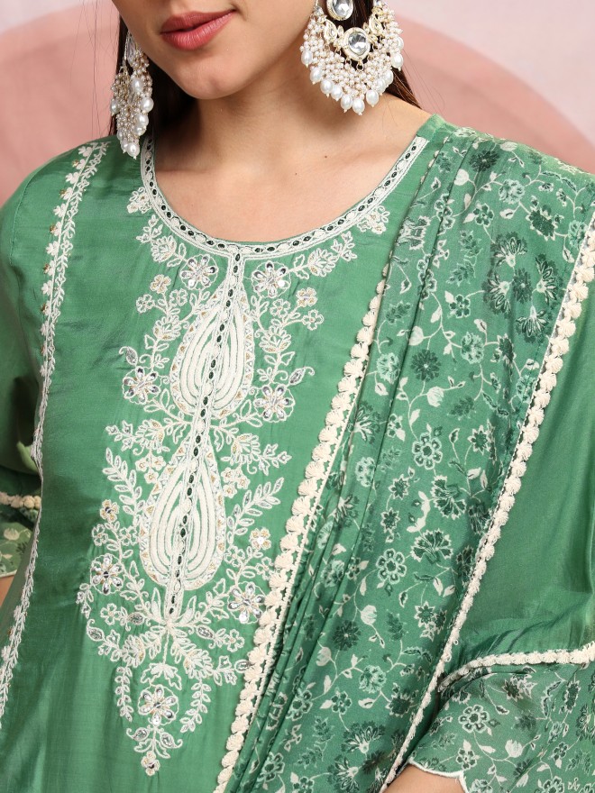 Vishudh Women Green Embroidered Kurta With Trousers And Dupatta