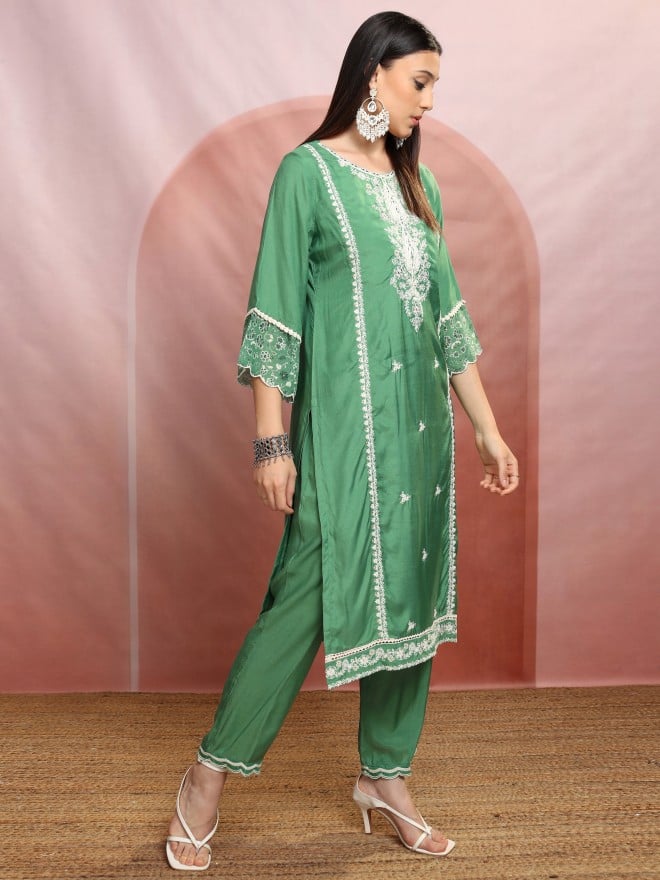 Vishudh Women Green Embroidered Kurta With Trousers And Dupatta