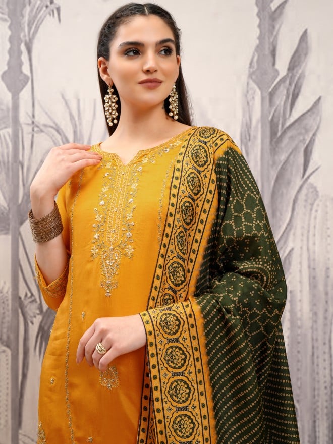 Vishudh Women Mustard Embroidered Kurta With Trousers And Dupatta