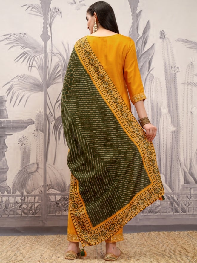 Vishudh Women Mustard Embroidered Kurta With Trousers And Dupatta