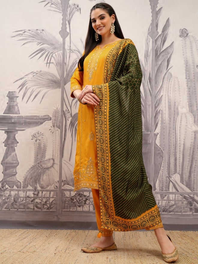 Vishudh Women Mustard Embroidered Kurta With Trousers And Dupatta