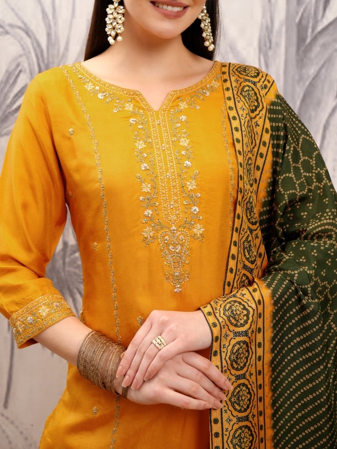 Vishudh Women Mustard Embroidered Kurta With Trousers And Dupatta