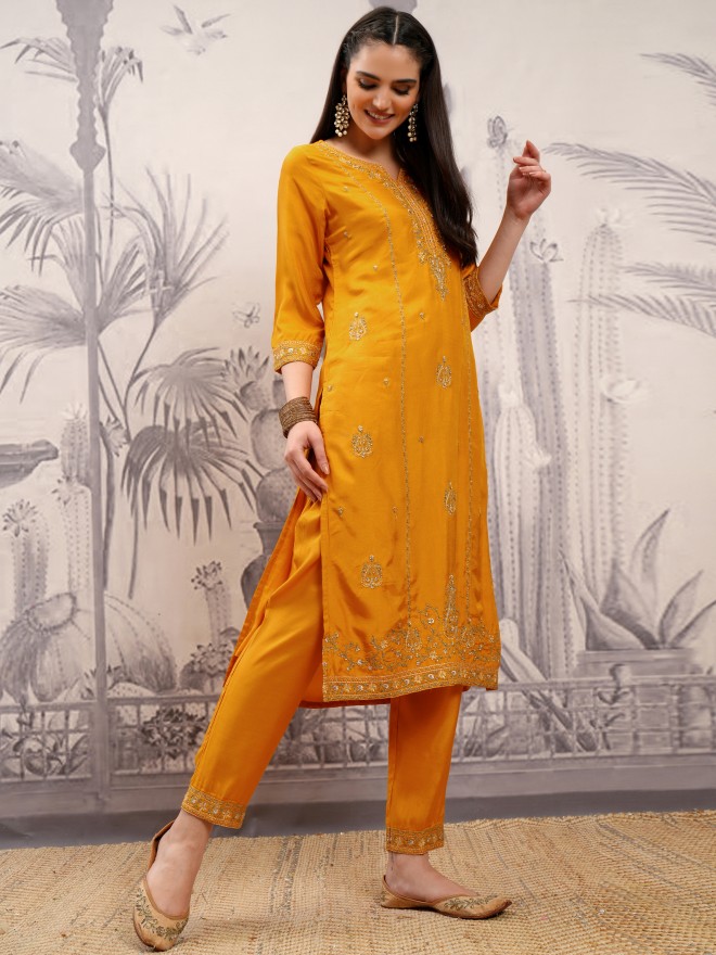 Vishudh Women Mustard Embroidered Kurta With Trousers And Dupatta