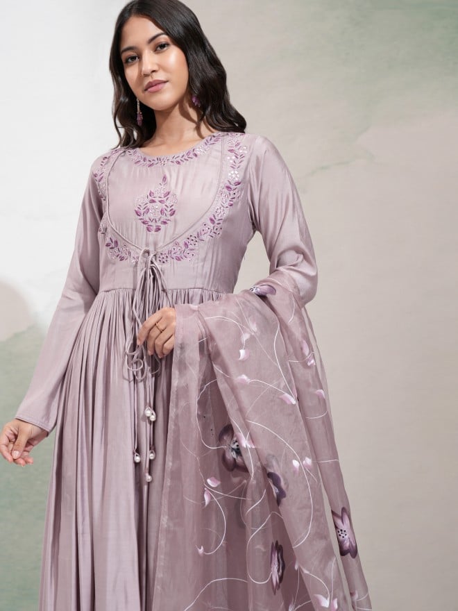 Vishudh Women Lavender Embroidered Anarkali With Pants And Dupatta