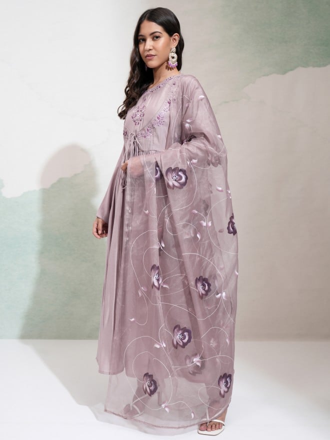 Vishudh Women Lavender Embroidered Anarkali With Pants And Dupatta