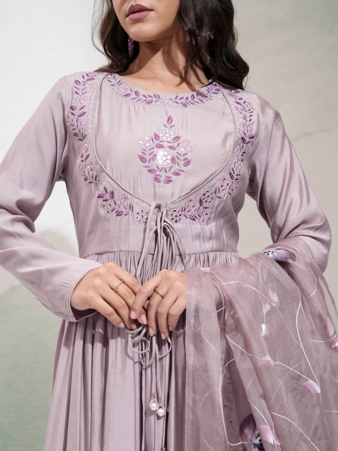 Vishudh Women Lavender Embroidered Anarkali With Pants And Dupatta