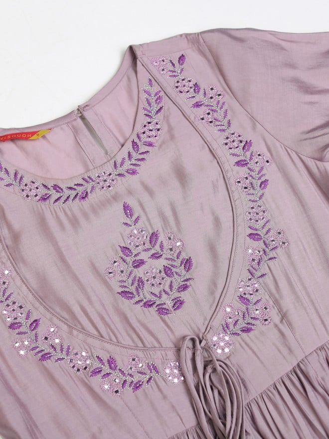 Vishudh Women Lavender Embroidered Anarkali With Pants And Dupatta