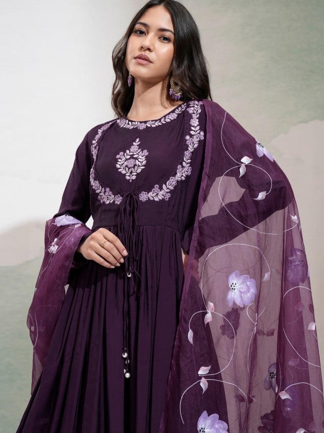 Vishudh Women Purple Embroidered Anarkali With Pants And Dupatta