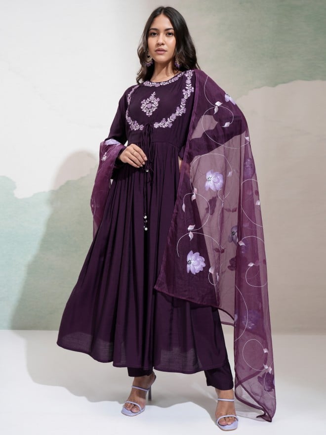 Vishudh Women Purple Embroidered Anarkali With Pants And Dupatta