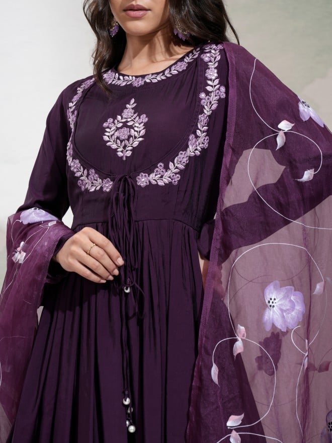 Vishudh Women Purple Embroidered Anarkali With Pants And Dupatta