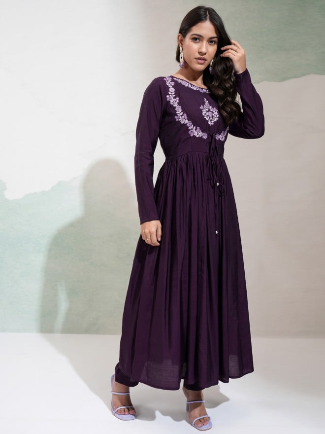 Vishudh Women Purple Embroidered Anarkali With Pants And Dupatta