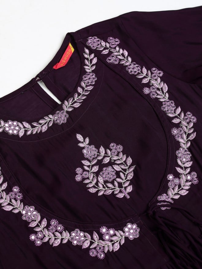 Vishudh Women Purple Embroidered Anarkali With Pants And Dupatta