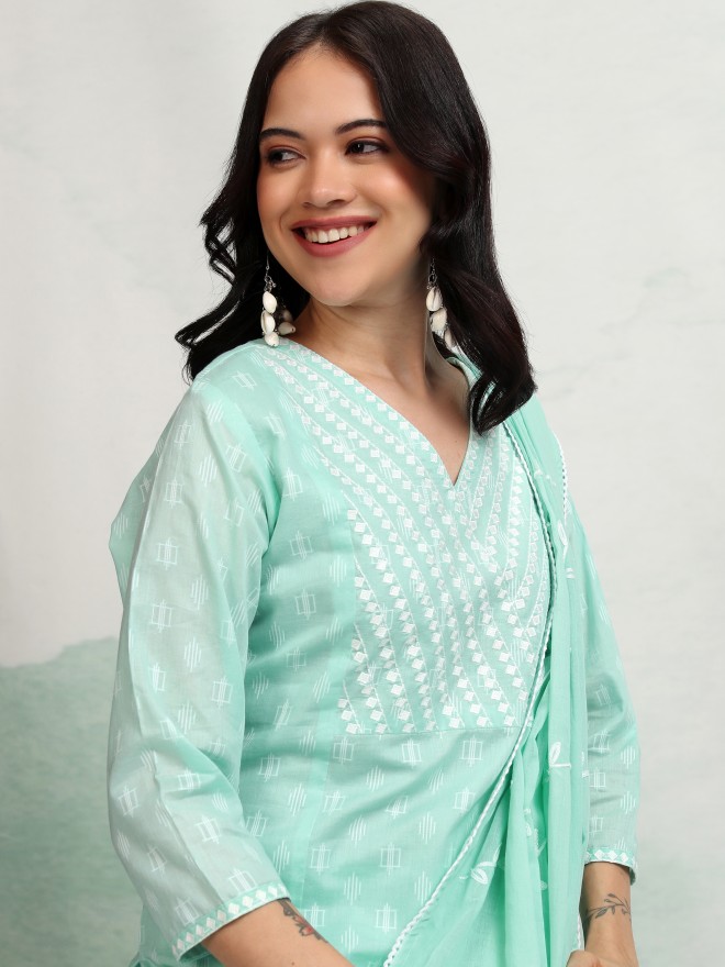 Buy Vishudh Blue Printed Kurta With Trousers And Dupatta for Women ...