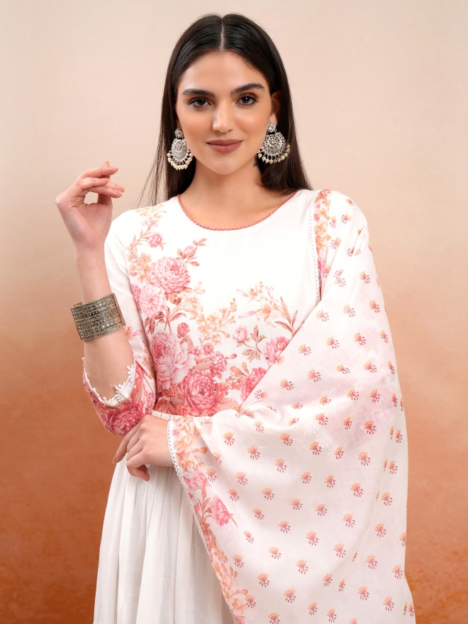 Vishudh Women Off White Printed Kurta With Trousers And Dupatta