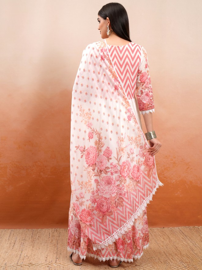 Vishudh Women Off White Printed Kurta With Trousers And Dupatta