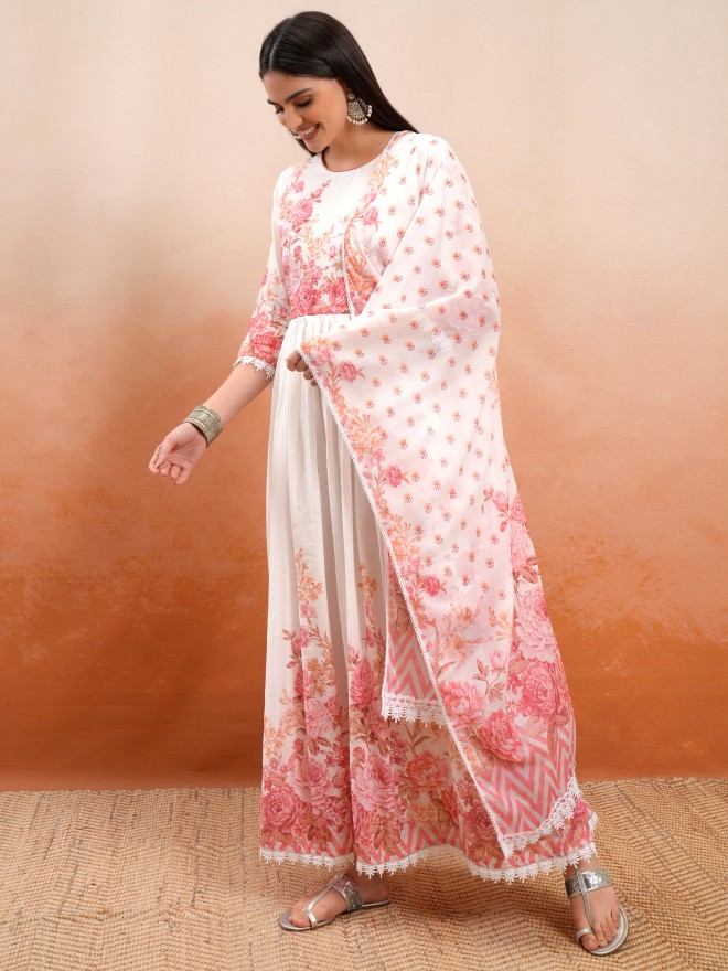 Vishudh Women Off White Printed Kurta With Trousers And Dupatta