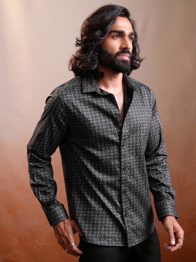 Locomotive Luxe Men Black & Grey Satin Printed Occasion Casual Shirt