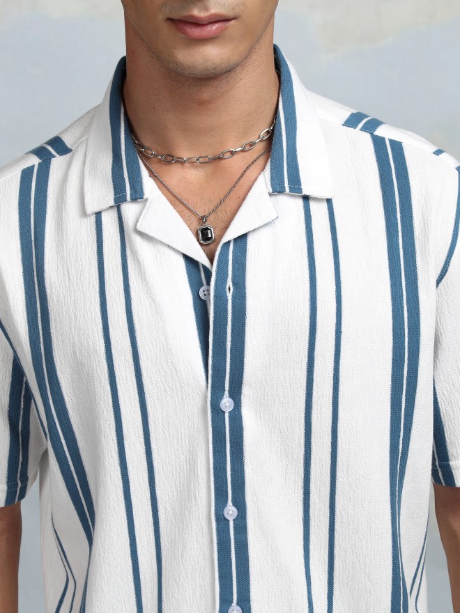 Highlander Men White Striped Relaxed Fit Casual Shirt