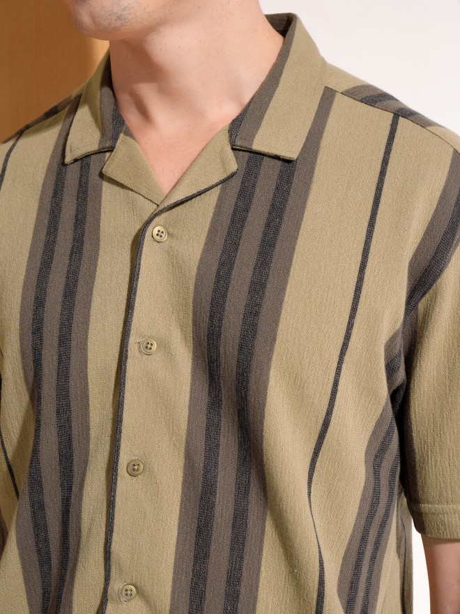 Highlander Men Olive Striped Relaxed Fit Casual Shirt