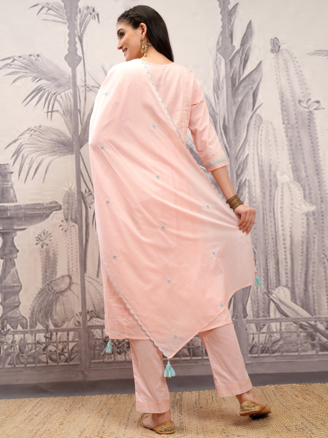 Vishudh Women Peach Embroidered Kurta With Trousers And Dupatta