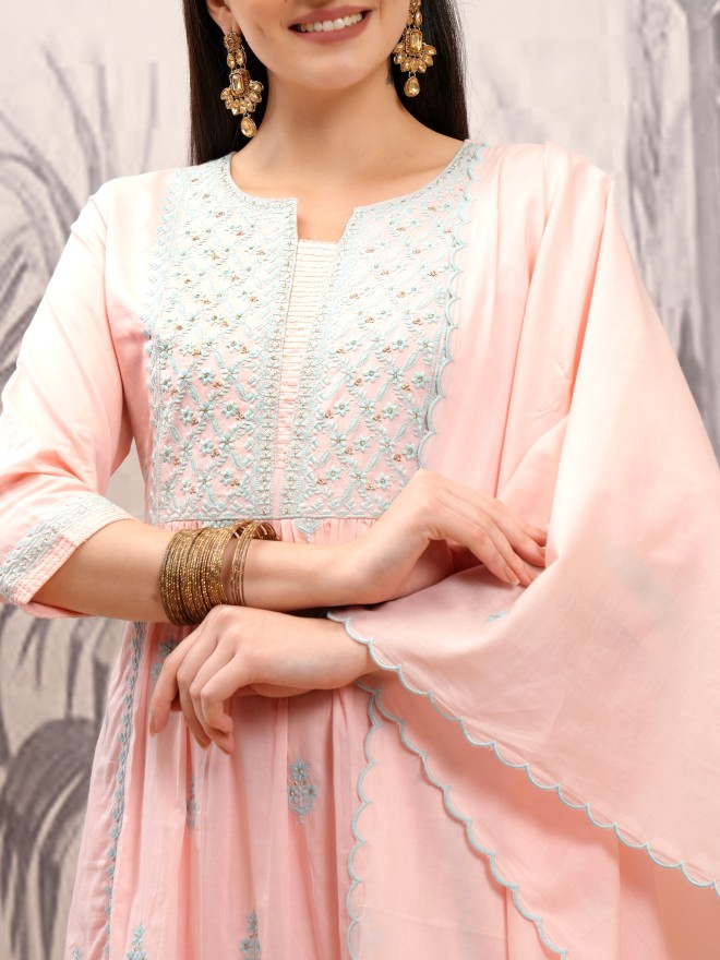 Vishudh Women Peach Embroidered Kurta With Trousers And Dupatta