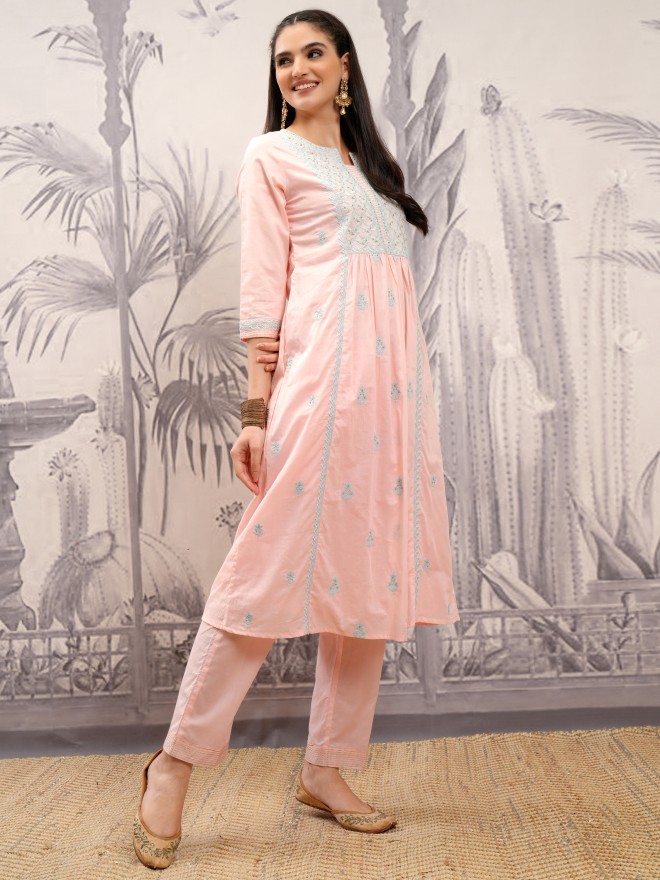 Vishudh Women Peach Embroidered Kurta With Trousers And Dupatta