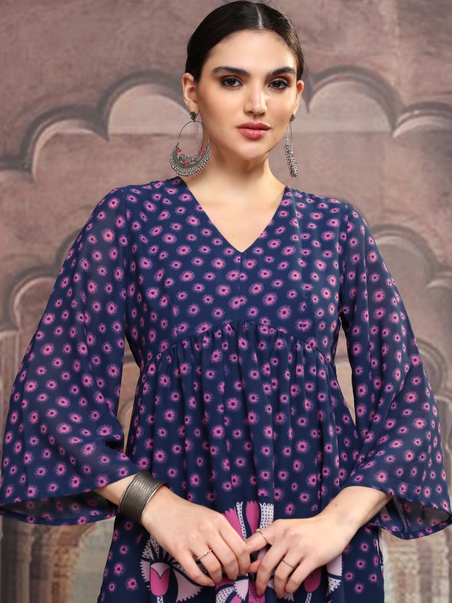 Vishudh Women Navy Blue Printed A-Line Kurta