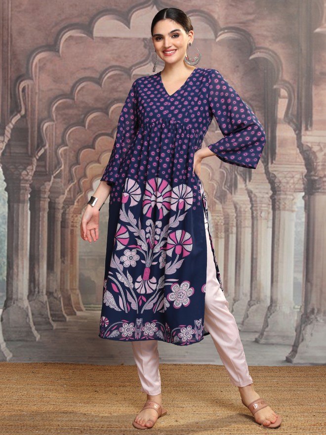 Vishudh Women Navy Blue Printed A-Line Kurta