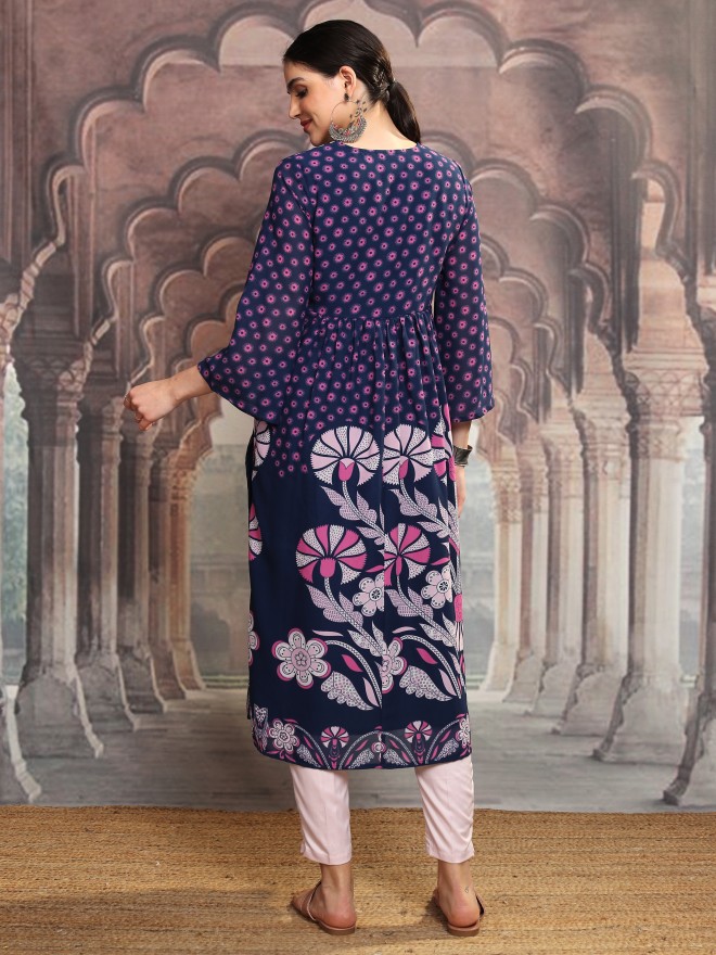 Vishudh Women Navy Blue Printed A-Line Kurta