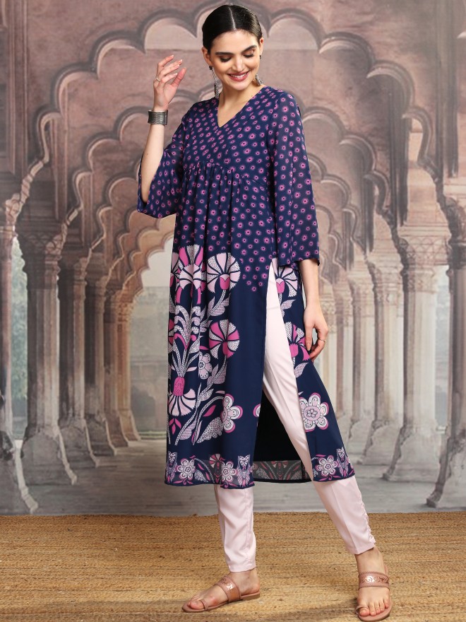 Vishudh Women Navy Blue Printed A-Line Kurta