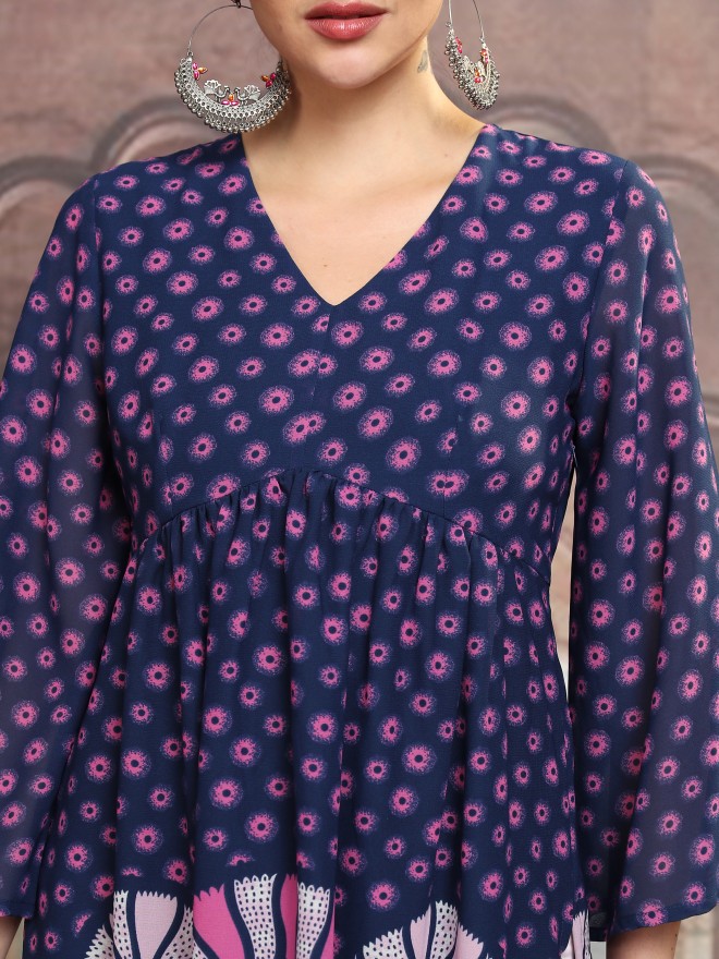 Vishudh Women Navy Blue Printed A-Line Kurta