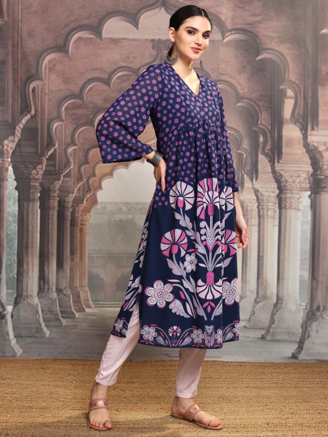 Vishudh Women Navy Blue Printed A-Line Kurta