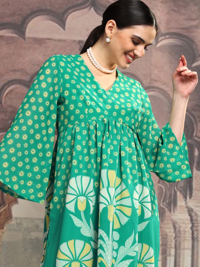 Vishudh Women Green Printed A-Line Kurta