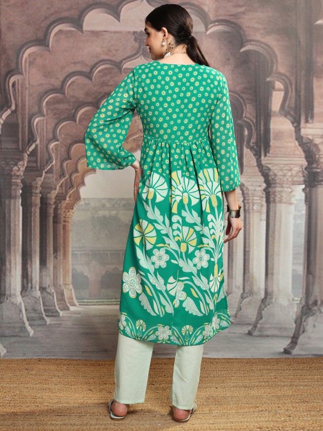 Vishudh Women Green Printed A-Line Kurta